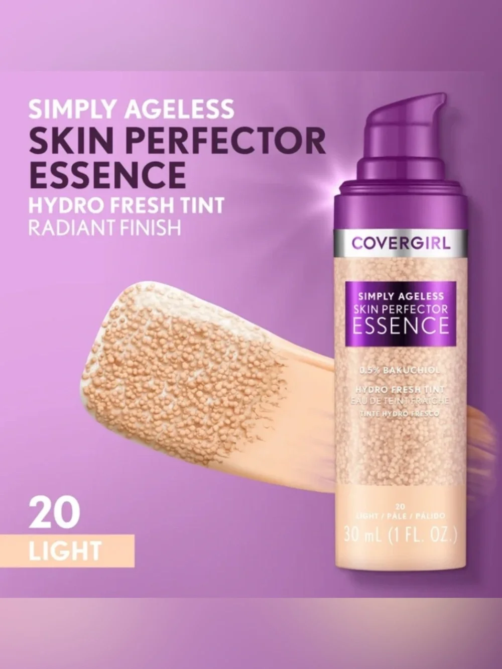 COVERGIRL Simply Ageless Skin Perfector Essence — Purple Cap, 20-Light Shade NWT